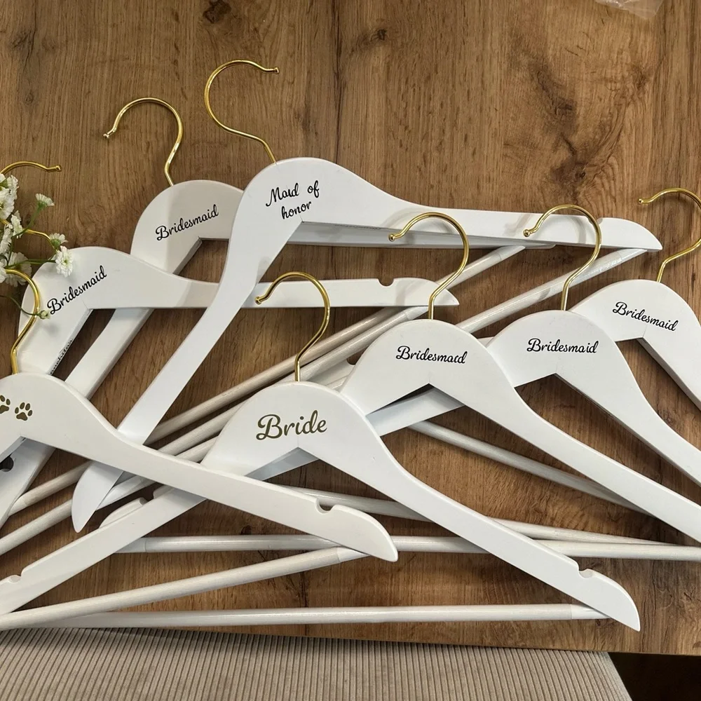 White Bridesmaids, Bride, and Fur Baby Hangers with Gold Hooks